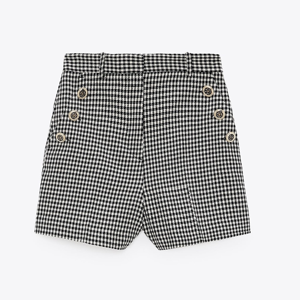 Zara Houndstooth SHORTS W/ BUTTONS High-waist NEW